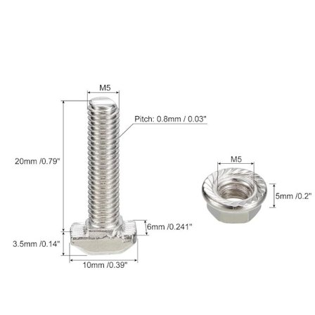 20ST T-spår Drop-in-bult M5 set