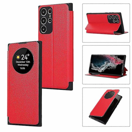 Fodral för Samsung Galaxy S24, Smart Sleep/Wake Up Funktion Visningsfönster Premium Läder Flipfodral med Kortplats, Ställ Trådlös Laddning-Perfekt