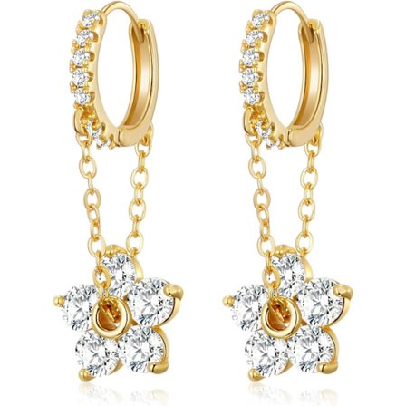 925 Sterling Silver Små Huggie Hoop Örhängen för Kvinnor Trendiga 14K Guldpläterade Chunky Chain Hoop Blomma Hängande Drop Öra