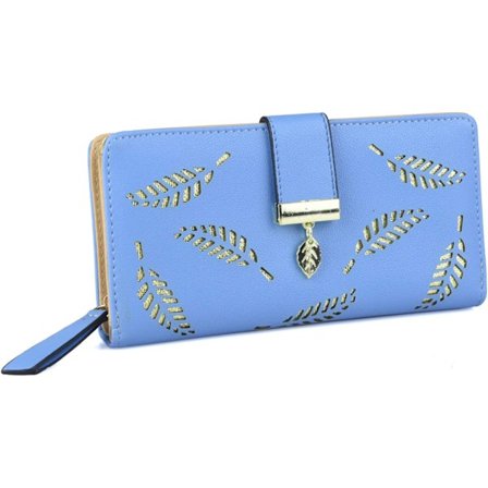 Blå - Dame PU-lær lommebok med utskåret bladanheng, 12 Ca