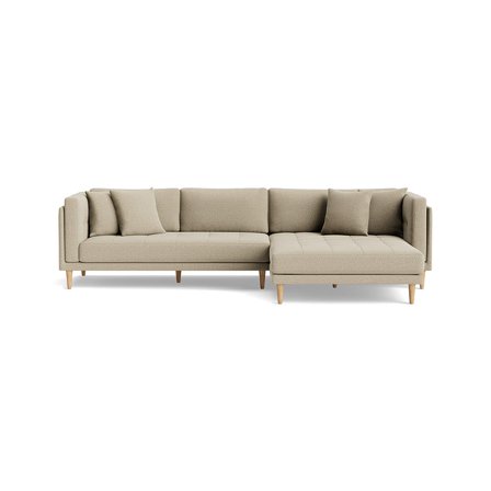 Cali chaiselong sofa, højrevendt - Nordic Mørk Beige - 295x170x76cm - Sofa med dobbelt chaiselong & bøgetræsben, inkl. 4 pyntepuder
