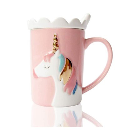Søde krus Keramik Unicorn Krus sjov kaffekrus Unikke Mælkete Kopper med Blonder Låg og Ske til Børn, Kvinder, Piger - Pink