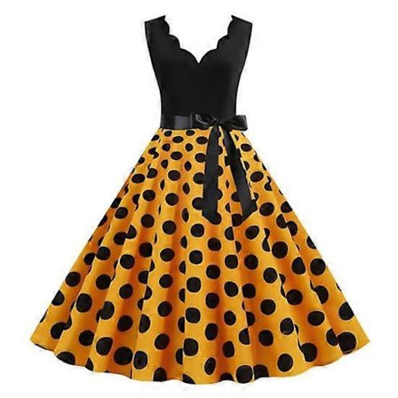 Dame Midikjole V-hals Høy Midje Snøring Tettsittende Kjole Blomst Rosett Dekor Ermeløs A-linje Løs Kant Polkadotter Trykk Retro 50-tall yellow {FY}
