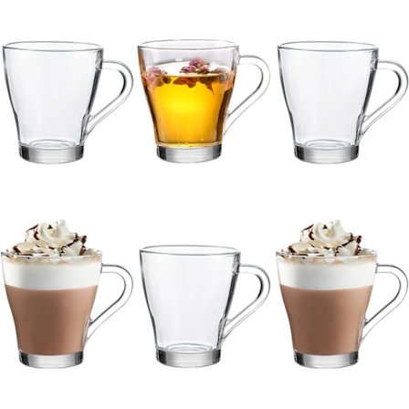 Sett med 6 te- og kaffekopper i glass, 260 ml. Tåler oppvaskmaskin, fryser og mikrobølgeovn.