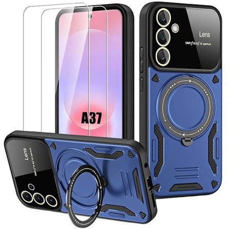 Cover + 2 Tempered Glasses til Samsung Galaxy A37 5G, Stødabsorberende med Magnetisk Ring - Marineblå