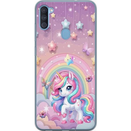 Kompatibelt Mobildeksel til Samsung Galaxy A11 Magisk enhjørning med regnbue manke, stjerner og sommerfugler mot en pastellhimmel med skyer