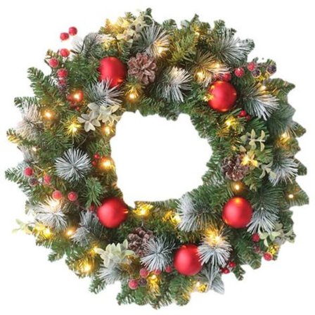 Julekrans for dørdekorasjon Dekorasjon med furukongler Bær Snøflak (60CM, 50 LED-lys)