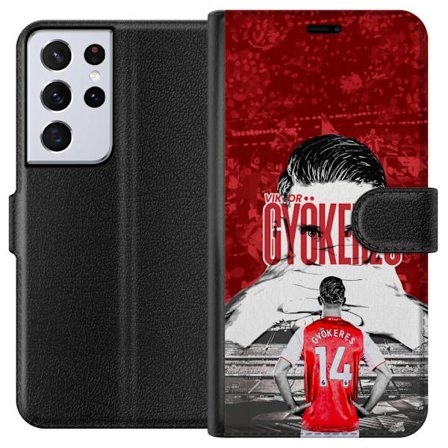 Yhteensopiva Lompakkokotelo Samsung Galaxy S21 Ultra 5G Punainen dramaattinen kollaasikuva, jossa esiintyy Viktor Gyökeresin muotokuva ja pelaajia tak