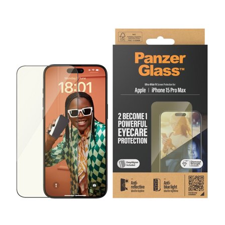 Panzer Eyecare Screen Protection iPhone 15 Pro Max | Ultra-Wide Fit w. EasyAligner PanzerGlass - High quality tempered glass screen protector