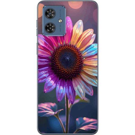 Kompatibelt Mobildeksel til Motorola Moto G54 Irideserende blomst med glitrende kronblad i rosa lilla og gull mot myk bokeh bakgrunn