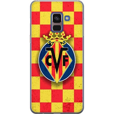 Kompatibelt Mobildeksel til Samsung Galaxy A8 (2018) Villarreal CF-emblem mot rød og gul rutemønstret bakgrunn