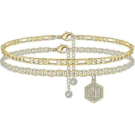 Initiale Ankelarmbånd til Kvinder, 14k Guldbelagt Dobbelt Lagdelt Initiale Ankelarmbånd Smykker til Kvinder Teen Piger