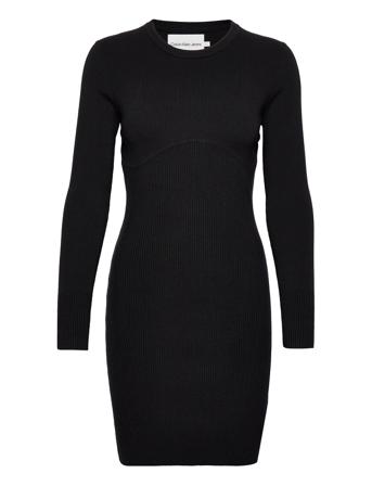 Badge Knitted Sleeves Dress Kort Klänning Svart Calvin Klein Jeans