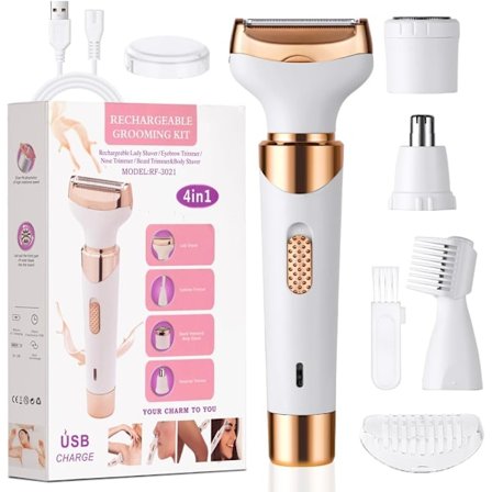 Ledningsfri Damebarbermaskine, 4-i-1 Genopladelig Bikini Trimmer & Razor til Kvinder, Våd/Tør