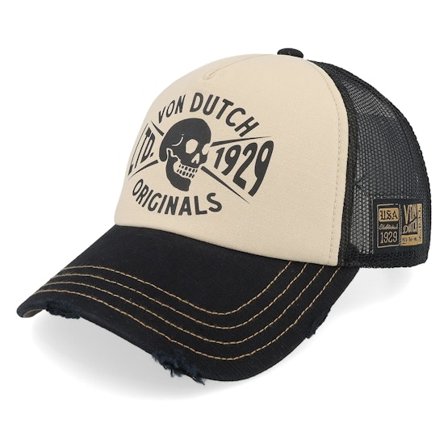 Von Dutch - Beige trucker Kasket - Distressed Skull White/Black A-Frame Trucker @ Hatstore