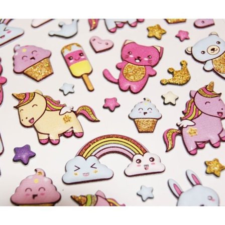 Återanvändbara klistermärken - 3D-relief - Enhörningar - Guldglitter