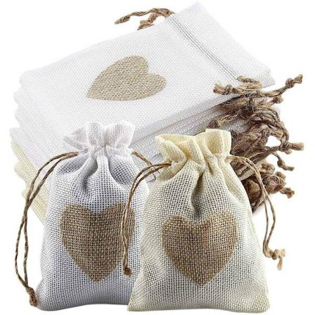 24 st Canvaspåsar med dragsko och hjärtmönster Godispåse Bröllop Dop Påse Pung för Prank Bag