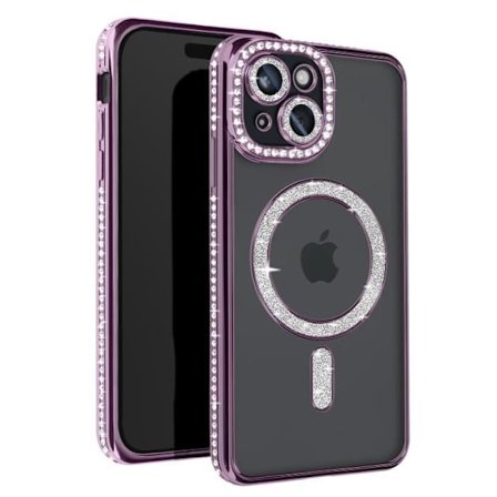 AVIZAR Skyddsfodral för iPhone 15 - Lila Rhinestone Contour - MagSafe-kompatibel