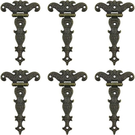 Set med 6 antika bronsfärgade snidade gångjärn för dörrar, skåp, smyckeskrin