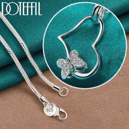 925 Sterling Silver Fjäril Hjärta Halsband 18-30 Tum Kedja för Kvinna Bröllop Förlovning Charm Smycken