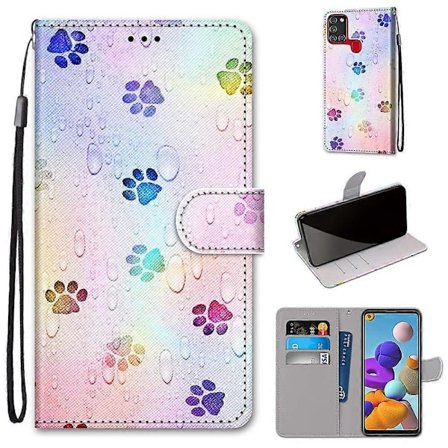 For Samsung Galaxy A21s Farget Tegning Kryss Tekstur Horisontal Flip PU Lærveske med Holder & Kortspor & Lommebok & Lanyard (Katt som drikker brus)