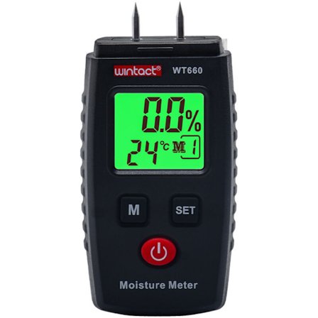 Fugtighedsmåler med 5 tilstande, LCD-skærm, grønt baggrundslys, til træ og byggematerialer
