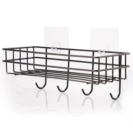 Badeværelseshylde i jern uden boring, håndklædeholder til kosmetik, vægmonterede køkkenhylder med krog / Sort / 28 x 10,5 cm