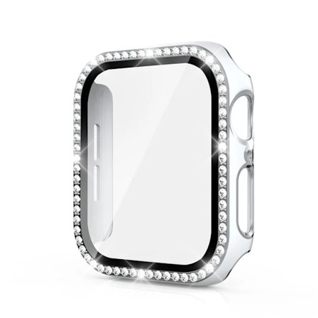 Bling Glass+Cover til Apple Watch Case 45mm 41mm 40mm 44mm 42mm 38mm Diamant Bumper+Skærmbeskytter iwatch serie 7 9 8 5 6 SE A Hvid sølv