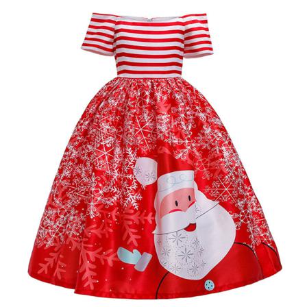 Toddler Santa Print Crew Neck Party Dress Kortärmade Klänningar