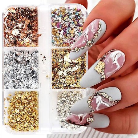 6 Girds Färgglada Nail Art Foils Glitters Aluminium Flakes Nail Art Tillbehör Oregelbunden Guld Sliver Koppar Nail Foil För Gel Polish Nail 