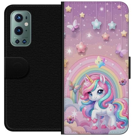 Kompatibel Tegnebogsetui til OnePlus 9 Pro Magisk enhjørning med regnbue manke, stjerner og sommerfugle mod en pastelfarvet himmel med skyer