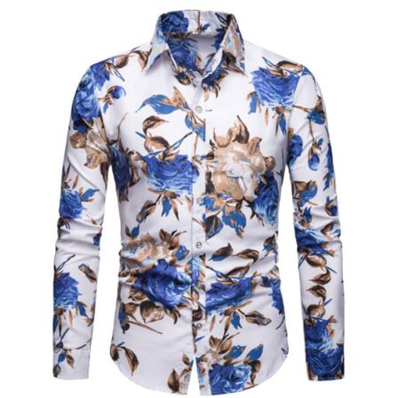 Blommig Slim Fit Casual Med Knapp För Män Blue L