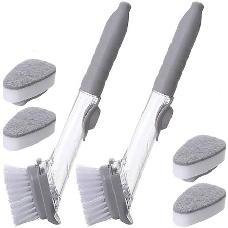 2 Opvaskebørste med Sæbedispenser Opvaskebørste Sæt Sæbedispenser Rengøringssvamp Børste Grydebørste med Langt Håndtag Grå