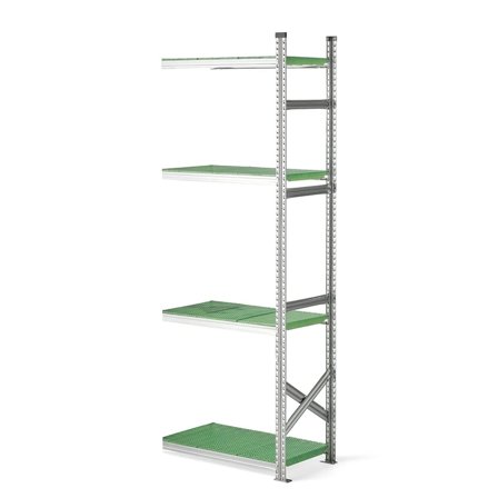 Reol påbyggseksjon med grønne plasthyller, 2500x900x500 mm