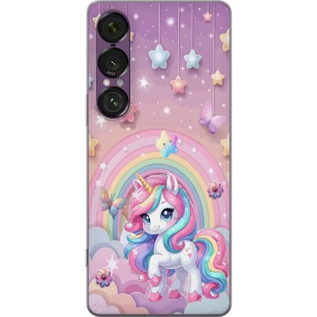 Kompatibel Mobilcover til Sony Xperia 1 VII Magisk enhjørning med regnbue manke, stjerner og sommerfugle mod en pastelfarvet himmel med skyer