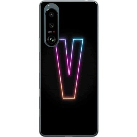 Yhteensopiva Puhelinkuori Sony Sony Xperia 5 III Neonkirjain V värikoodattu valossa mustaa taustaa vasten, minimalistinen muotoilu selkeällä hehkul