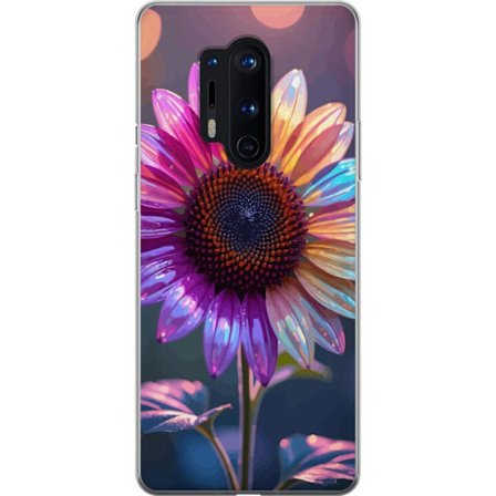 Kompatibelt Mobildeksel til OnePlus 8 Pro Irideserende blomst med glitrende kronblad i rosa lilla og gull mot myk bokeh bakgrunn