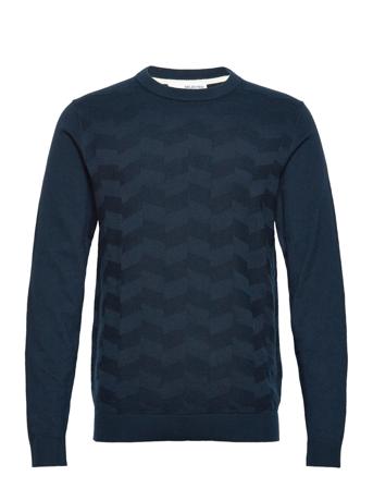 Slhromen Ls Knit Pattern Crew Neck B Neulepaita Pyöreä Kaula-aukko Sininen Selected Homme