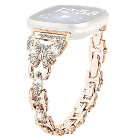 Fitbit Versa 3/Sense ruostumattomasta teräksestä valmistettu rannekoru perhoskuvioisella strassikoristeella (Fww)