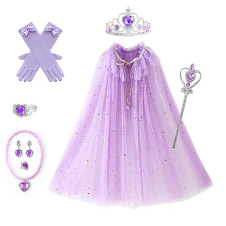 skyllc Prinsessekjole til børn (Lilla), paillet tylkjole til piger pailletkjole med kronehalskæde øreringe
