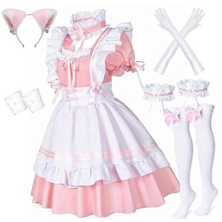 Anime Fransk Stuepike Forkle Lolita Fancy Kjole Cosplay Kostyme Lodne Katteøre Hansker Sokker Sett for Kvinner