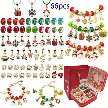66-delt julecharmbånds-sæt til at lave smykker, med gaveæske og gavepose