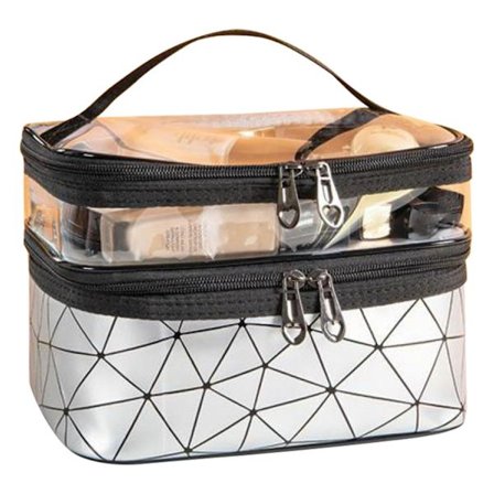 Kaksinkertainen meikkipussi, kannettava pystysuora säilytyskotelo, suurikapasiteettinen kosmetiikkalaukku matkustamiseen, hopea