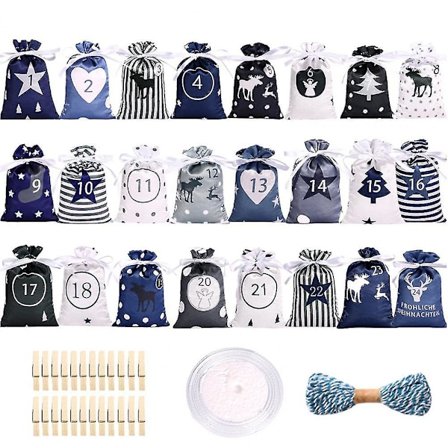 1 Sæt Jule-Adventskalenderpose DIY Sæk Hængende Slik Gaveposer Med Klips Klistermærker 2022 Nedtælling Adventskalenderposer (Blå)