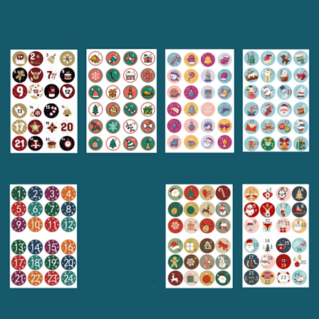 7 x 24 forskellige adventskalender-numre til at sætte på - 24 klistermærker med numre til jul til at lave og dekorere selv, runde julekalendere