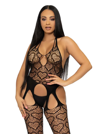Seamless Heart Net Suspender Bodystocking Black - Leg Avenue