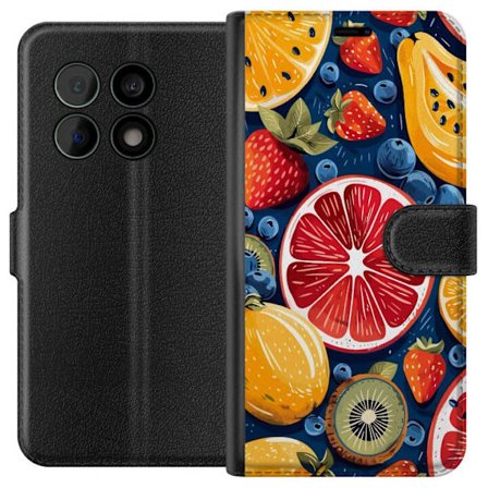 Yhteensopiva Lompakkokotelo OnePlus 10 Pro Yksityiskohtainen hedelmäkuviointi sitrushedelmistä, kiivistä, mansikoista ja mustikoita tummalla tausta