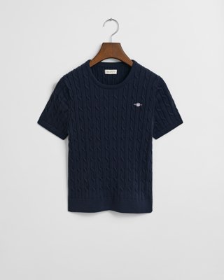 GANT - Tenåringsjentegenser i elastisk bomull med kabelstrikket stoff, korte ermer til dame evening blue