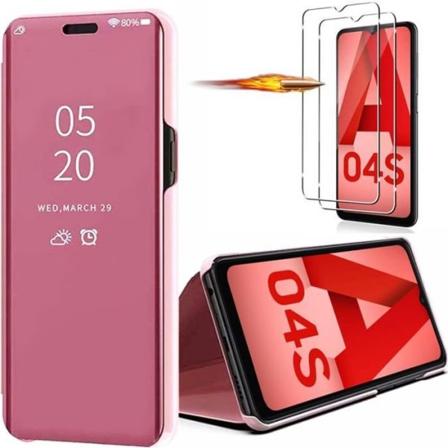 Fodral för Samsung Galaxy A04s + 2 härdade glasögon Spegeleffekt Skydd Rosa Klar sikt Rosa
