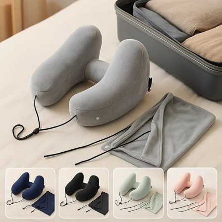 Ergonomisk oppblåsbar nakkepute H-Design – Reisepute med avtakbar hette for reise og camping